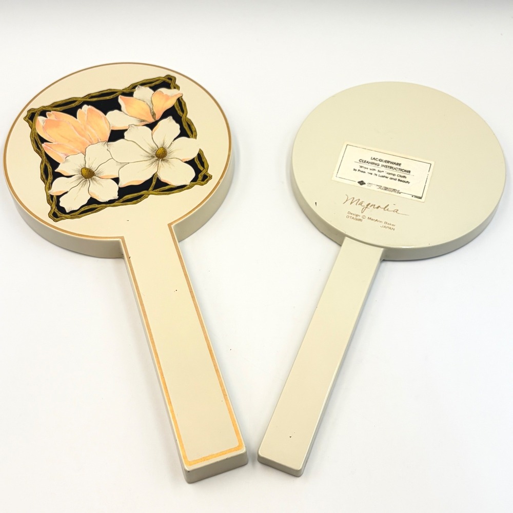 Vintage Otagiri Magnolia Double Hand Mirror MaryAnn Baker Japanese Lacquerware l